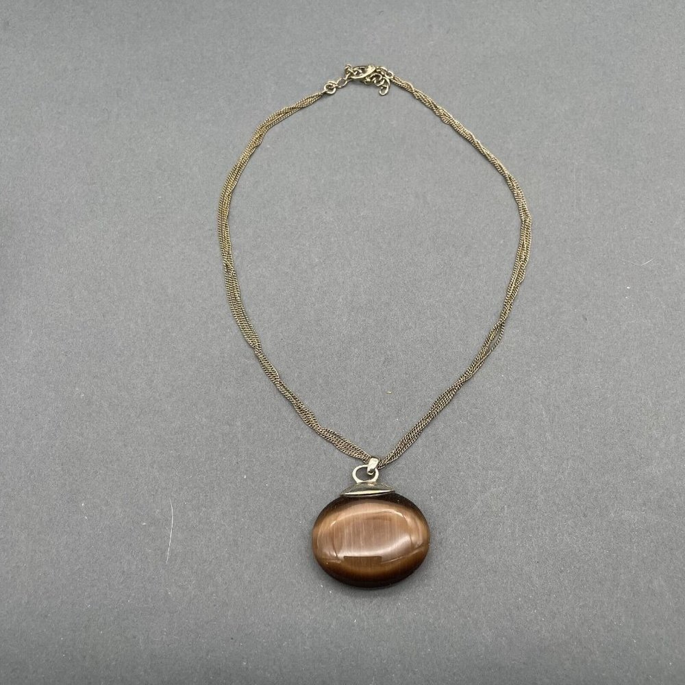 Vintage Monet Tiger's Eye Braided Chain Pendant Necklace Women's Gold Tone